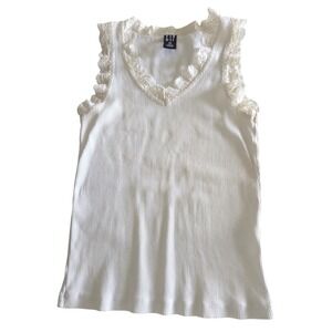 Gap Y2K Womens White Ribbed Lace Trim Tank Top XS Cotton Cami Baby Tee Vintage
